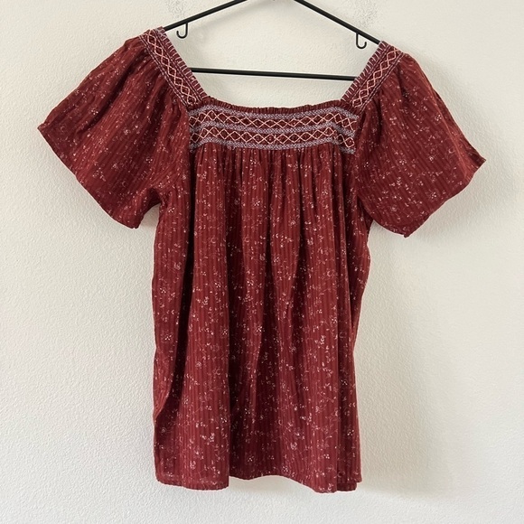Madewell Embroidered Square Neckline Dot Vine Burgundy Floral Peasant Top XS - Picture 3 of 15